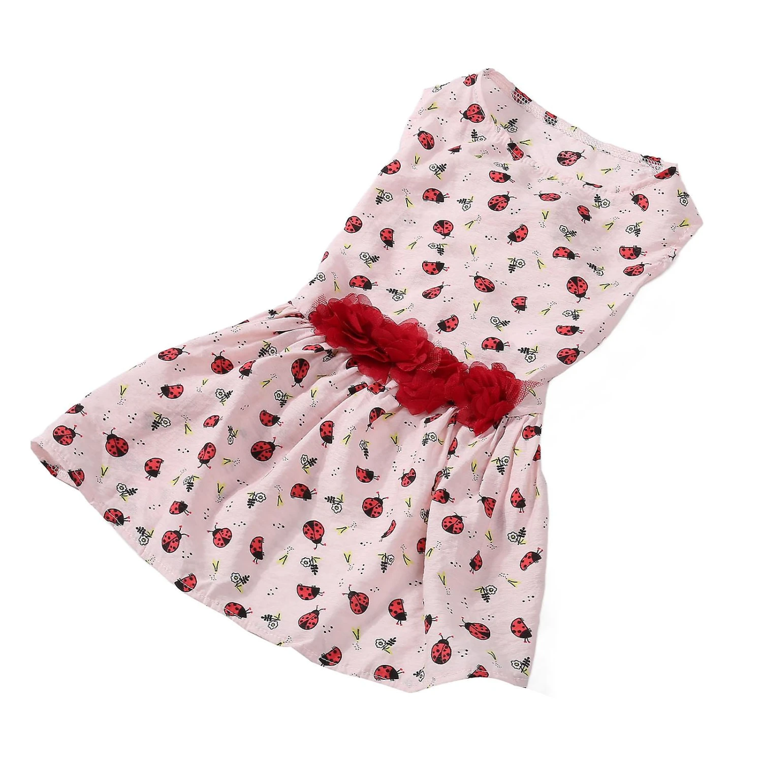Cute Pink Ladybug And Grass Pattern Dog Dress For Spring Summer