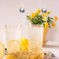 70s Disco Ball Straws For Party Decorations, Pack Of 12 Reusable Straws With Glittery Reflective Disco Balls, Pet Material