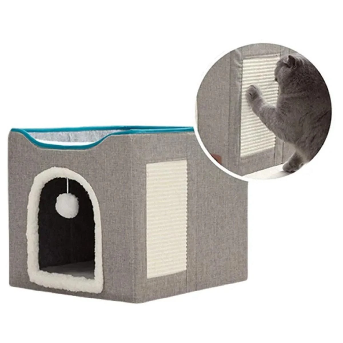 Large Cat Bed With Ball Hanging And Scratch Pad Double Layered Foldable Cat Beds For Indoor Cats Sl - Image 4