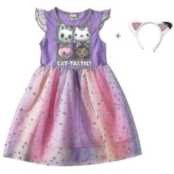 Cartoon Gabby Cats Baby Girl Dresses Kids Gabby's Doll House Clothes Cosplay Costume Children Fly Sleeve Casual Dress + Headband 7-8 T Tag 140