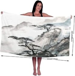 Pink Japanese Chinese Landscape Painting China Ink Mountain Tree Large Bath Sheet Lightweight Beach