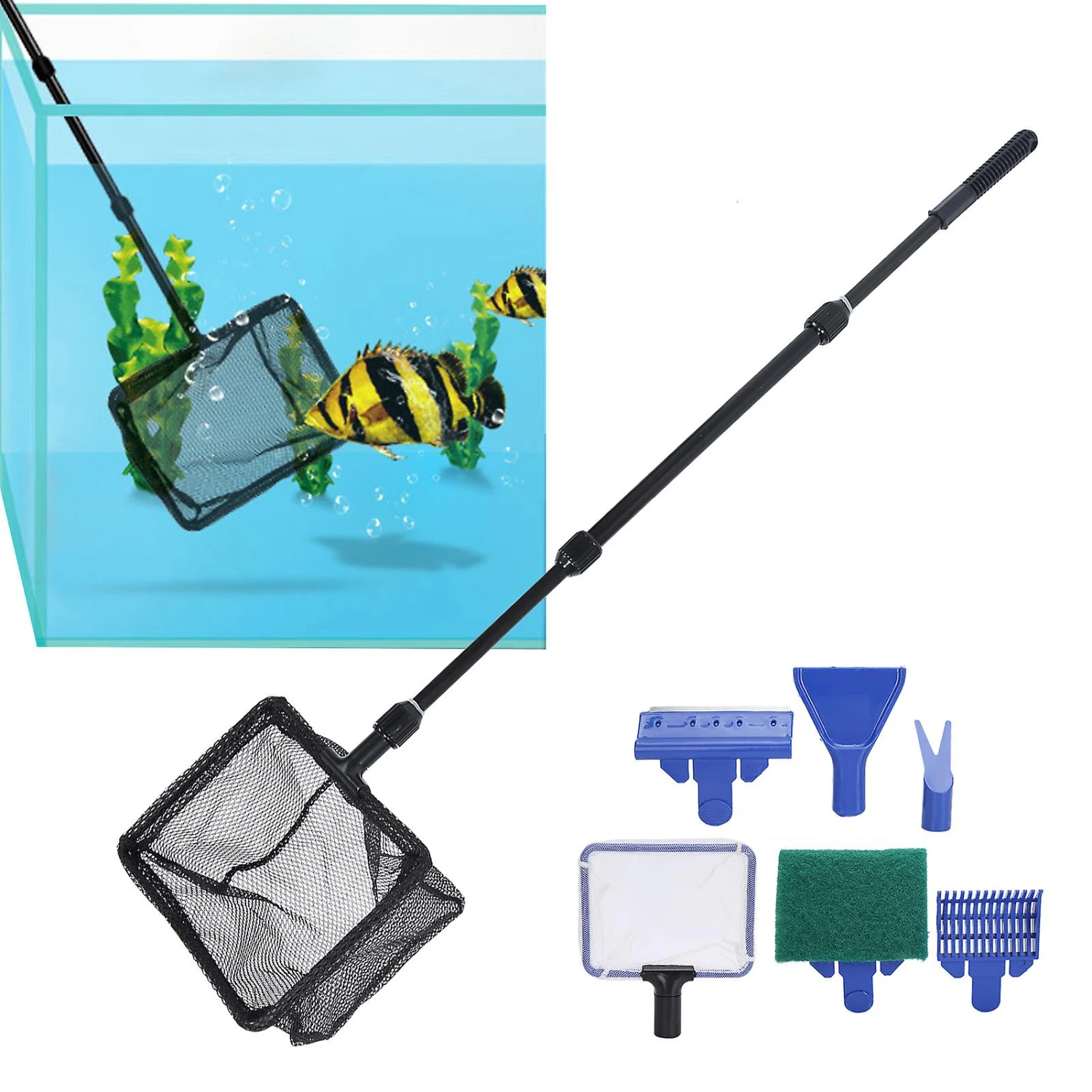 6 In 1 Aquarium Fish Tank Cleaning Tool Kit - Net Brush Algal Scraper Gravel Rake Fork - Image 5