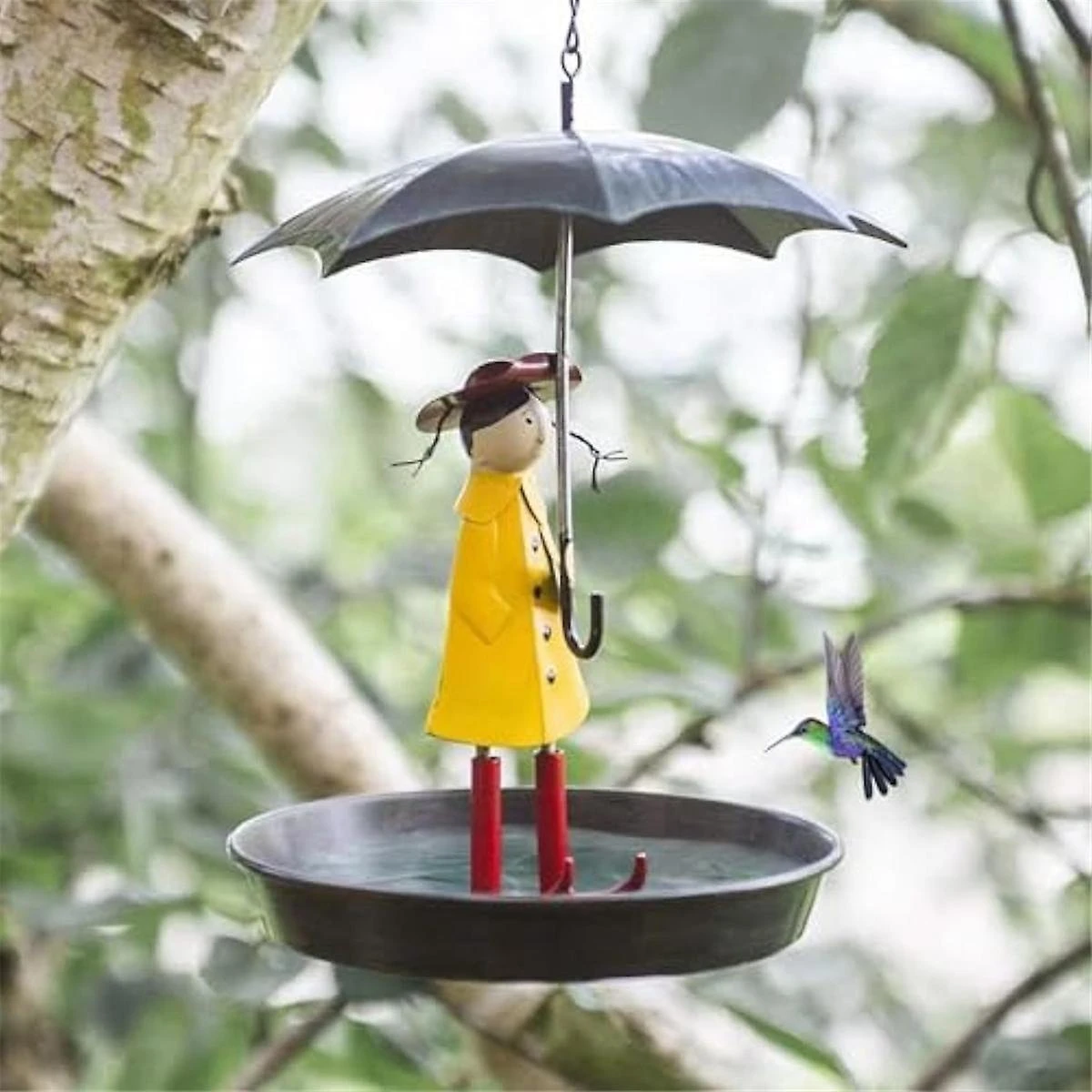 Outdoor Hanging Bird Feeder Set With Metal Chain And Umbrella Girl Shape, Feeder With Brush