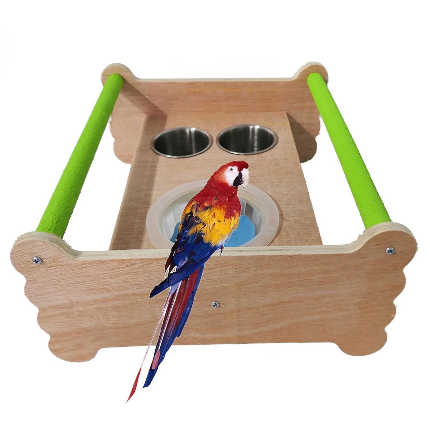 Bird Stand Perch Wood Playground Gym Center For Small Birds With Feeding Cups - Image 2