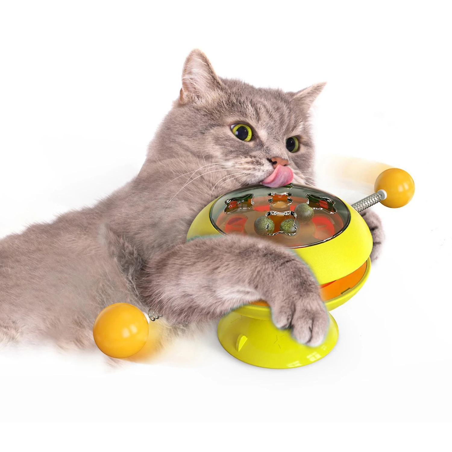 Cat Turntable Ball Catnip Toys Pet Interactive Toy With Suction Cup Yellow - Image 3