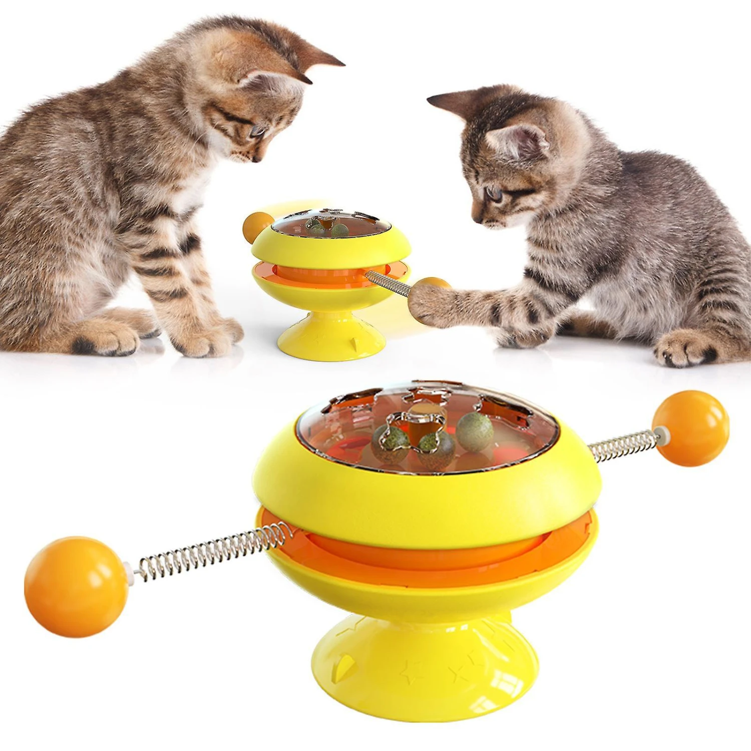 Cat Turntable Ball Catnip Toys Pet Interactive Toy With Suction Cup Yellow