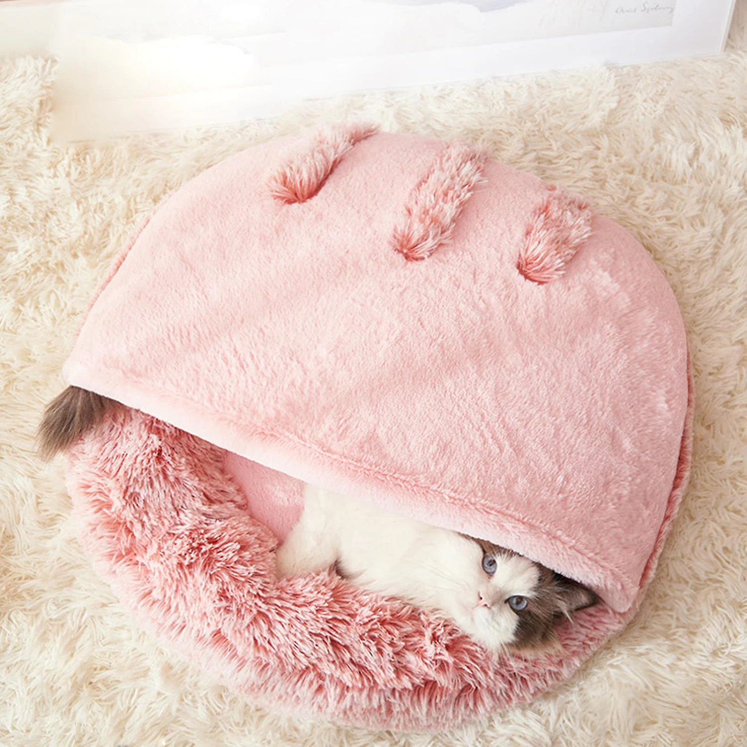 Pet Cave Bed Cat Small Dog Kennel Hooded Round Cuddler With Reversible Cushion 50cm B - Image 2